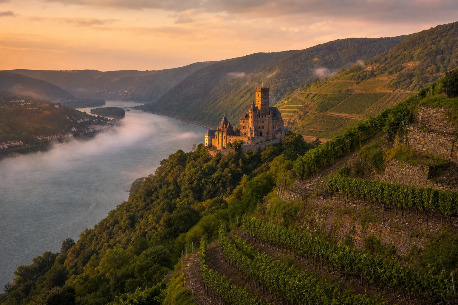 Rheintal mit Schloss, Weinbergen und Flussbiegung im Abendlicht